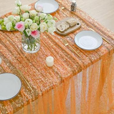 Imagem de Horaldaily Toalha de mesa retangular de gaze dourada laranja 152 x 300 cm, folha metálica com glitter de lantejoulas laranja, gaze de tule transparente para casamento, chá de bebê, cerimônia de
