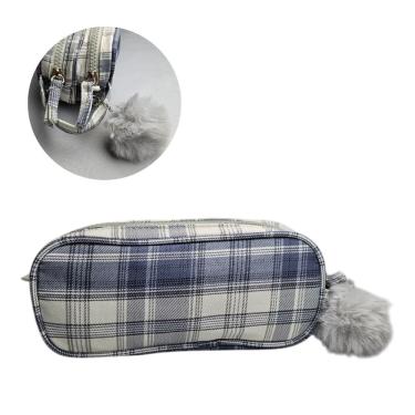 Imagem de Estojo Necessaire Duplo Xadrez Pompom Escolar Maquiagem Fofo Colorido Lápis Caneta Aula Material