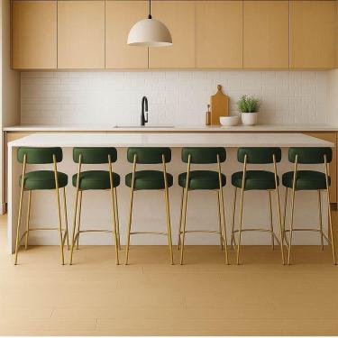 Imagem de Banqueta Cozinha Média Com Encosto Industrial Dourado Kit 6 Londres Pu Verde D03 - D`rossi