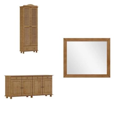 Imagem de Kit 2 Peças Armário 2 Portas, Balcão 4 Portas C/Gavetas e Espelho 100% Madeira Maciça - Linha Rubi Freijó