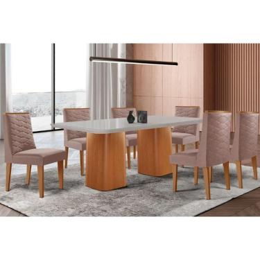 Imagem de Sala Jantar Mesa Maldivas Tampo c/ Vidro Curvo 180cm+6 Cadeiras Dafne Madeira Naturale/Off White - Capuccino/Linho Capuccino - Rufato