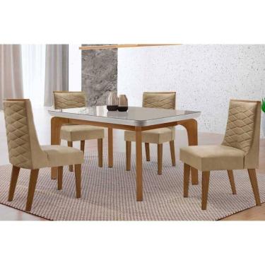 Imagem de Sala Jantar Mesa Londrina Tampo c/ Vidro Curvo 120cm 4 Cadeiras Dafne Madeira Naturale/Off White - Capuccino/Linho Bege - Rufato