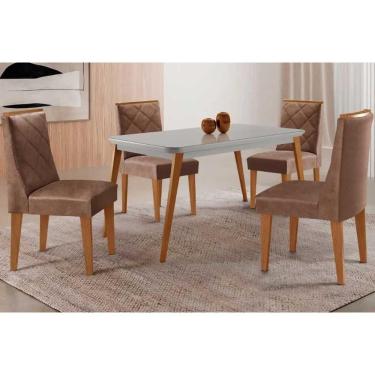Imagem de Sala Jantar Mesa Havana Tampo c/ Vidro Curvo 120cm+4 Cadeiras Pietá Madeira Naturale/Off White - Capuccino/Corano Capuccino - Rufato
