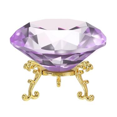 Imagem de PATIKIL Peso de papel de cristal de diamante, peso de papel de cristal de 100 mm / 3,94" com base de metal dourado 25 para decoração de mesa de escritório em casa, enfeites de festa de casamento, roxo