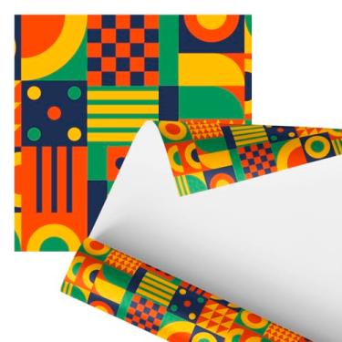 Imagem de Papel de Parede Decorativo Geométrico, Estilo Moderno, Multicolorido com Padrões em Verde, Laranja, Amarelo e Azul Marinho, 2,80m