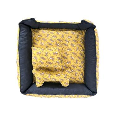 Imagem de Cama Pet Onix Gigante Quadrada Impermeável com Almofadas, Tecido Tricoline 100% Algodão, Azul com Balões e Nuvens, 100x100x20 cm (Dino Amarelo)