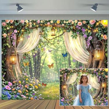 Imagem de 2,1 x 1,5 m cenário de floresta de conto de fadas encantado com glitter, jardim mágico, floresta, borboleta, flor, fotografia, primavera, chá de bebê, decorações de aniversário, banner, mesa de bolo