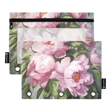 Imagem de GAIGEO Pasta para escritório, 3 anéis, estojo para lápis, fichário com zíper, floral, escola, bolsos transparentes, buquê, peônias rosa, 25 x 18 cm, 2 pacotes
