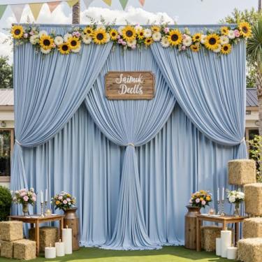 Imagem de Cortina de pano de fundo azul empoeirado sem rugas para festas de casamento, 4 painéis de 1,5 x 3,5 m de altura, cortinas de pano de fundo de foto de poliéster sedoso para aniversário, chá de bebê