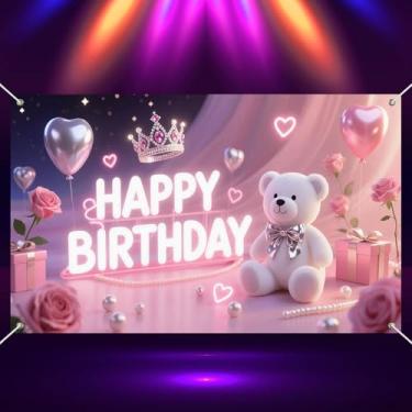Imagem de HOMETITUTE Banner neon feliz aniversário 178 x 109 cm pano de fundo de aniversário para decorações de festa urso de pelúcia branco suprimentos de festa fundo para crianças meninas tema rosa bandeiras