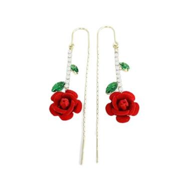 Imagem de Brincos femininos vintage de veludo vermelho com flor rosa e corrente pendurada em tom dourado elegante cristal verde folha floral borla brincos de linha de orelha pendurados festa de casamento joias
