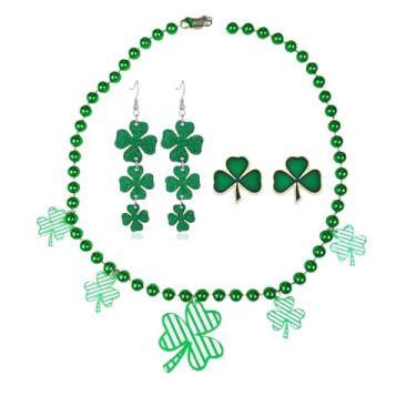 Imagem de QLUYCKW Conjunto de brincos de colar de dia de São Patrício para mulheres, moda, verde, trevo de três folhas, brincos com pingente de trevo boa sorte, dia de São Patrício, acessórios de férias, joias