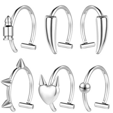 Imagem de BodyAce Anel de lábios falsos com dentes de vampiro sem piercing de aço inoxidável falso septo nariz anel ajustável presas de vampiro brincos brincos de piercing falso para mulheres e homens, Metal