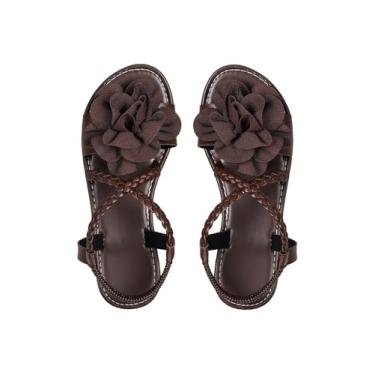 Imagem de OYOANGLE Sandália feminina floral 3D com tira no tornozelo, bico aberto, boêmio, trançada, para férias, Marrom café, 38