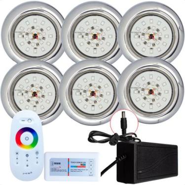 Imagem de Kit 6 Refletores Led 18w RGB Inox e Comando para Iluminação Piscina - 