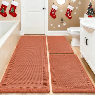 Imagem de Conjunto de 3 peças de tapete de banho, tecido boêmio, moderno, absorvente, antiderrapante, macio, lavável na máquina, tapetes de banho de malha com borda para banheiro, quarto, cozinha, chuveiro