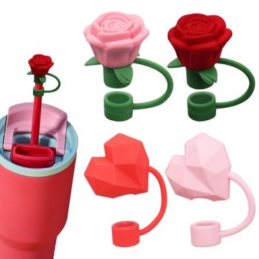 Imagem de 4 peças de topos de palha para dia dos namorados, topo de palha de coração de silicone, tampas de canudos rosa reutilizáveis para copos Stanley, protetor de tampas de canudos vermelhos rosa de 10 mm