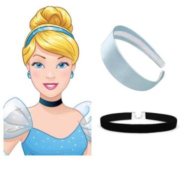 Imagem de Kit Tiara Arco Cinderela Ella + Colar Diadema Seda Azul F - Baby Plush