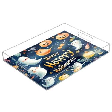 Imagem de xigua Bandeja de servir de acrílico fantasma de Halloween com alças à prova de derramamento, bandejas decorativas de festa de Halloween, bandeja organizadora de bancada para banheiro, cozinha, 30,5 x