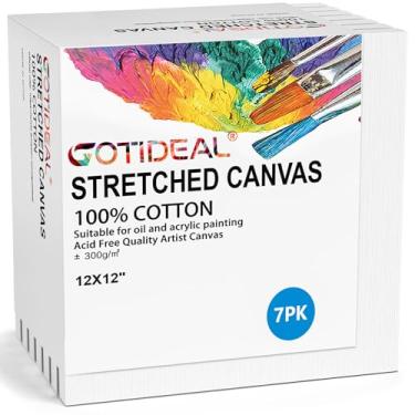 Imagem de GOTIDEAL Telas esticadas para pintura, 30,5 x 30,5 cm, conjunto de 7, branco preparado - 100% algodão em branco quadros quadrados de tela para pintura para derramamento de acrílico, tinta a óleo seco e molhado