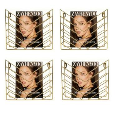 Imagem de ZAYHENYOO Organizador de arquivos montado na parede, suporte de revistas de metal, acabamento revestido em pó, suporte de parede para armazenamento de livros (ouro 4P)