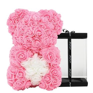 Imagem de DuHouse Planta artificial de urso rosa de 25,4 cm para aniversários, chás de panela, totalmente feita à mão, caixa de presente exclusiva (coração rosa e branco)