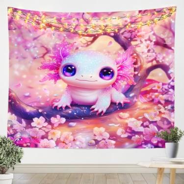 Imagem de Erosebridal Tapeçaria de desenho animado Axolotl grande 139 x 203 cm para meninas, tapeçarias de flores de cerejeira rosa para crianças, fofo, kawaii, salamandra, vida selvagem, tapeçaria para