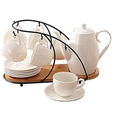 Imagem de Conjunto de chá 14 peças de porcelana esmaltada conjunto de serviço de café e chá com suporte de copo 6 peças xícaras e bandeja de bule de chá conjunto de chá da tarde café conjunto de chá de cerâmica