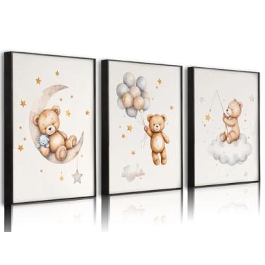 Imagem de 3 peças de arte de parede em tela de berçário de ursinho de pelúcia emoldurado urso dormindo na lua e estrelas decoração de parede imagens balão nuvem neutra impressões de pôster para quarto de bebê