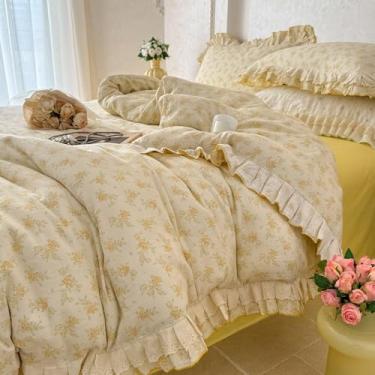 Imagem de VM VOUGEMARKET Capa de edredom em creme Queen com estampa de flor de rosa amarela, conjunto de cama de algodão musselina macio com babados, macio, respirável, linho, como gaze, com fecho de zíper