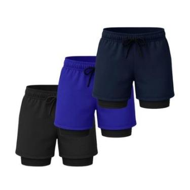 Imagem de Kit 3 Shorts Masculinos Esportivos 2 em 1 com Forro Térmico e Bolso Interno Funcional-Masculino