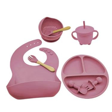 Imagem de Peças Talheres de Silicone para Bebê com Ventosa – Prato, Tigela, Copo, Colher, Garfo, Babador Infantil (8 pcs/Vinho)