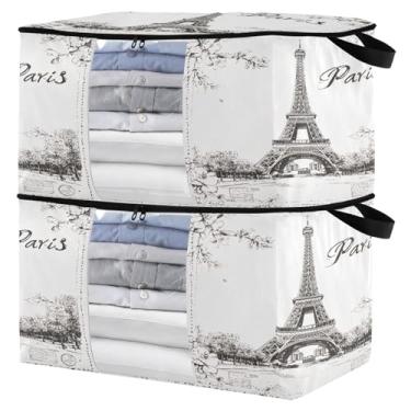 Imagem de Burbuja Bolsa de armazenamento de toalhas retrô Paris com tampas e alça, embalagem com 2 recipientes de armazenamento dobráveis com zíper resistente e janela transparente para armário de quarto, 60L