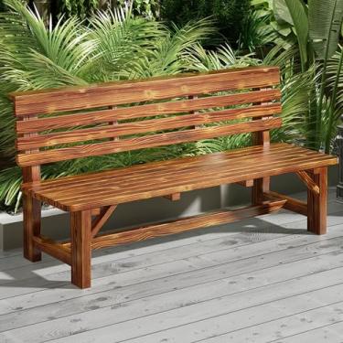 Imagem de Banco de madeira de pinheiro, cadeira com encosto e apoios de braço, capacidade de carga de até 160 kg, 8 sem lacunas entre tiras de madeira grossas, banco de jardim externo para pátio (cor: marrom