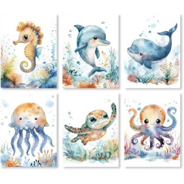 Imagem de Impressão de berçário de animais oceânicos desenho animado tartaruga marinha baleia pôster aquarela animais marinhos pintura em tela decoração de parede quarto infantil (SKU7-6PCS, 50,8 x 76,2 cm =