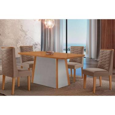 Imagem de Conjunto Mesa Tilia c/ Tampo Madeirado Canto Curvo 120x80cm e 4 Cadeiras Dafne Madeira Maciça Naturale/Off White - Capuccino/Suede Capuccino-Rufato
