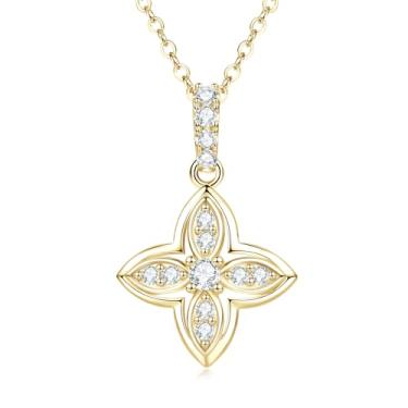 Imagem de PROSTORY Colar com pingente de moissanita de quatro trevos, 0,13 CTTW D Color Moissanite banhado a ouro 14K, pingente de quatro folhas para mulheres, mães, presentes de aniversário, Banhado a ouro 14K