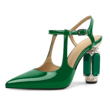 Imagem de Younton Sapatos femininos de salto alto salto bloco para mulheres salto slingback bico fino elegante 3,5 polegadas salto de cristal com strass, Verde envernizado, 40