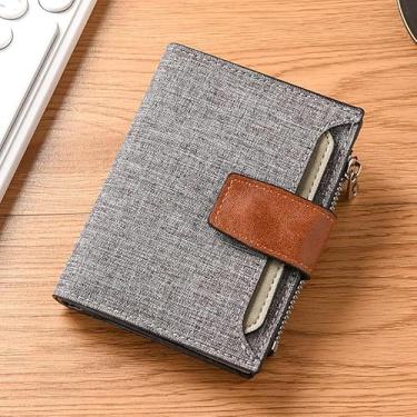 Imagem de Carteira curta masculina de lona - organizador de 16 compartimentos para cartão com bolso com zíper, durável, 12 x 10 cm (preto, azul, cinza), Cinza, Retrô