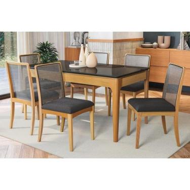 Imagem de Conjunto Mesa Mira Premium Madeira Maciça c/ Tampo Madeirado c/ Vidro 