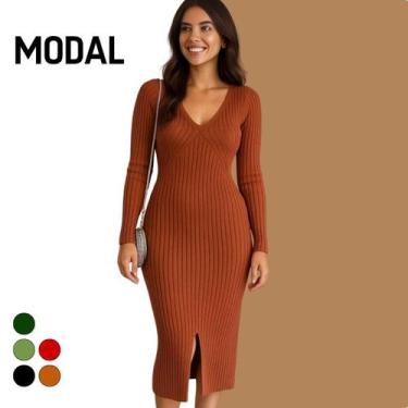 Imagem de Vestido Elegante Feminino Midi Tricot Canelado Manga Longa Casual - Vi