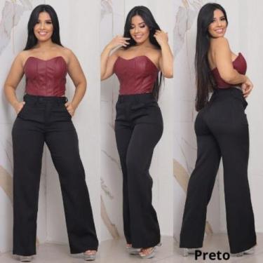 Imagem de Calça Pantalona Alfaiataria Feminina Social Cintura Alta Com bolso na 