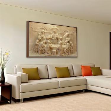Imagem de Quadro com Moldura Tecido Canvas Santa Ceia Com Jesus 63x93cm