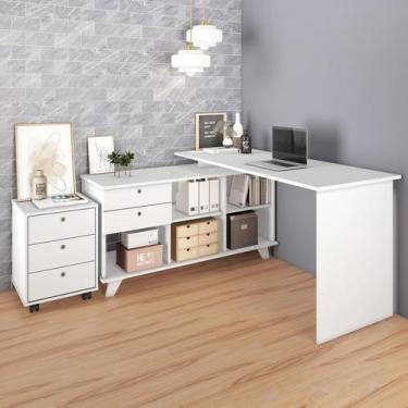 Imagem de Escrivaninha Mesa Escritório em L Gold com Gaveteiro 1 Gaveta 5 Nichos