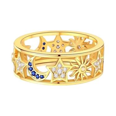Imagem de Anel Feminino De Prata 925 Dourado Com Zircônia Estrela E Lua, Joia De