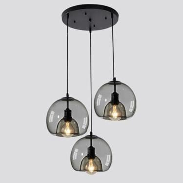 Imagem de Lâmpada de vidro pingente triplo interno Luzes pendentes de vidro criativo Sala de estar da sala de jantar da cozinha ilha de lustre moderno altura do teto ajustável lustre, fumaça cinza, b