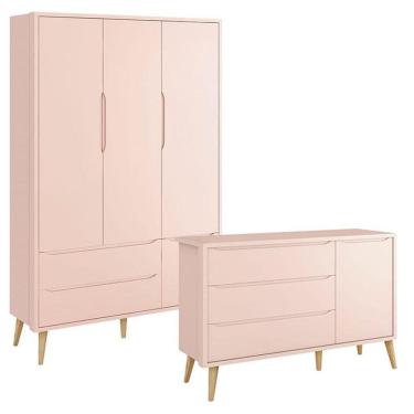 Imagem de Guarda Roupa Infantil 3 Portas e Cômoda Theo 1 Porta Rosa com Pés Madeira Natural – Reller