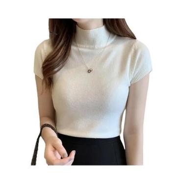 Imagem de Blusa Feminina Branca Slim Fit Com Gola Alta Estilo Coreano, Manga Cur