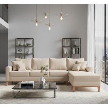 Imagem de Sofá Beny com Chaise Direita, 2,60x1,40m, 4 Lugares, Linho, Base em Ma
