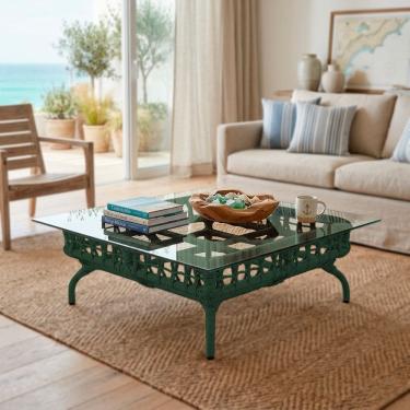 Imagem de Mesa de Centro com Tampo de Vidro em Aço e Corda Náutica Verde Harpia